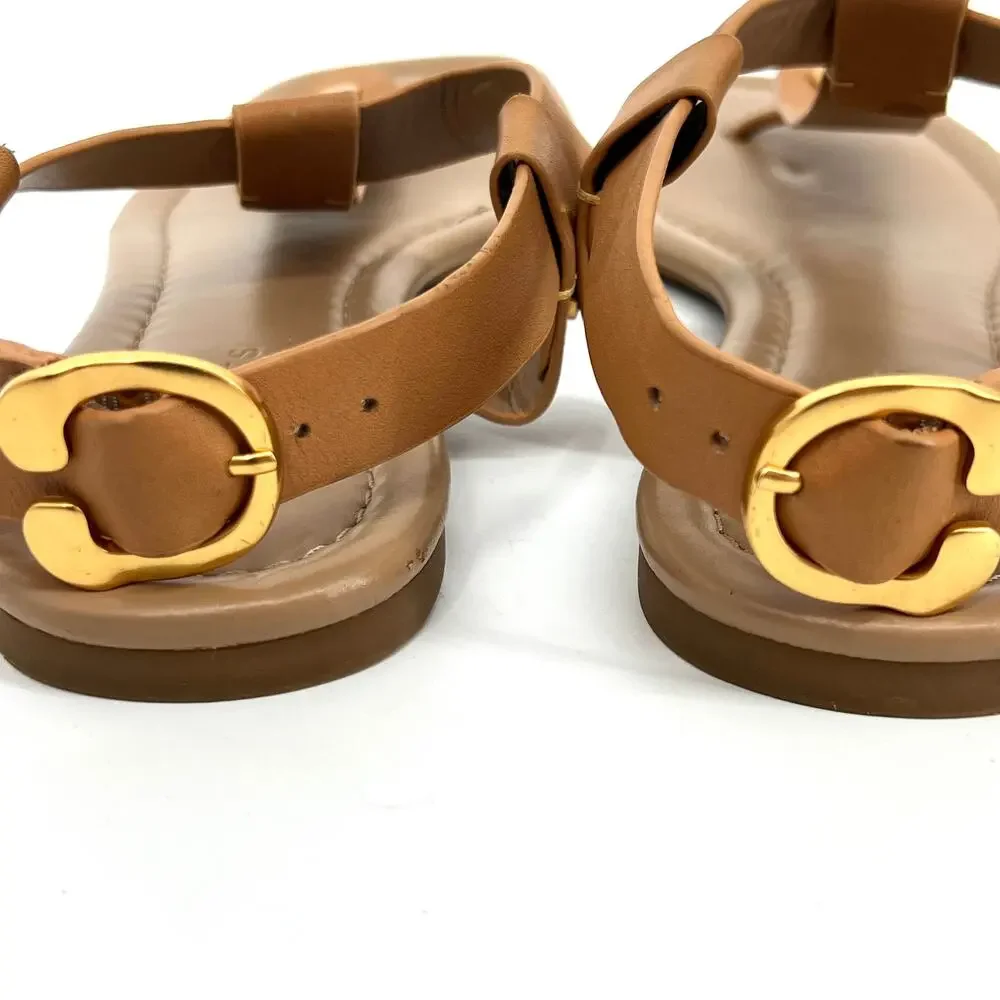 Aerosoles Carmina T Strap Flat Sandals Camel with Gold Accents Size 11